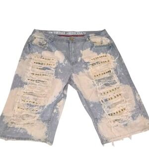 Vintage Americana Mens Embellished Distressed Jean Shorts Size 42‎ Acid Wash Y2K